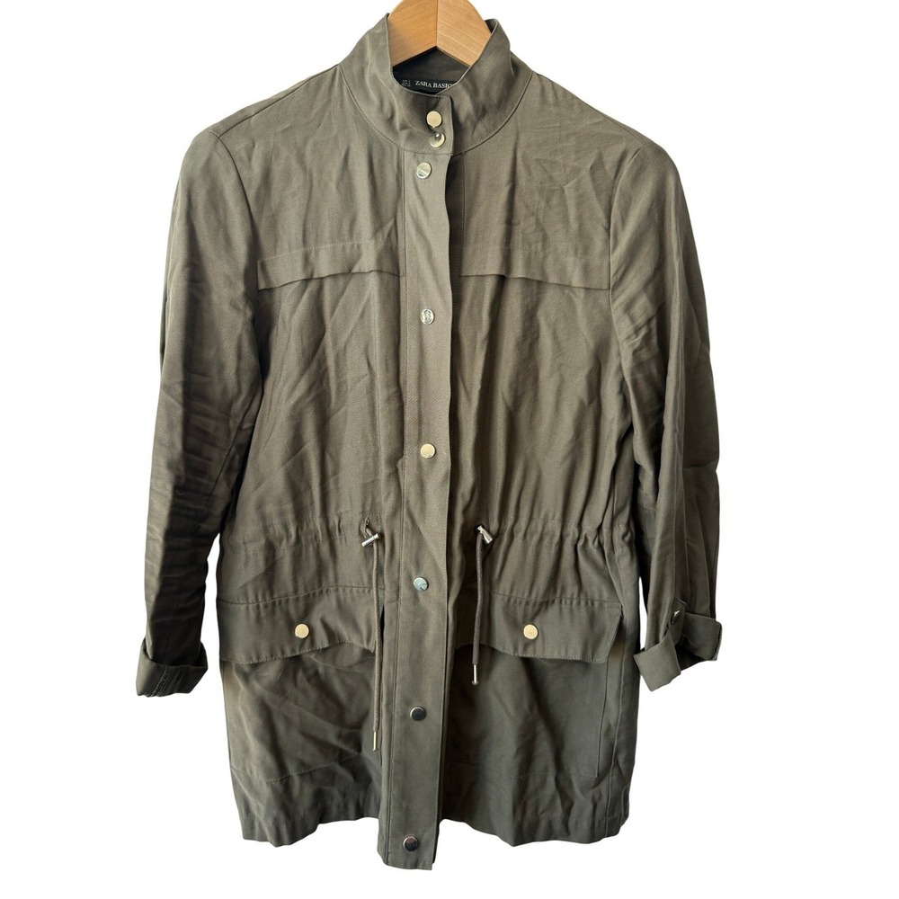 Zara Basic Womens Small Olive Green Utility Field Jacket Drawstring Waist Coat